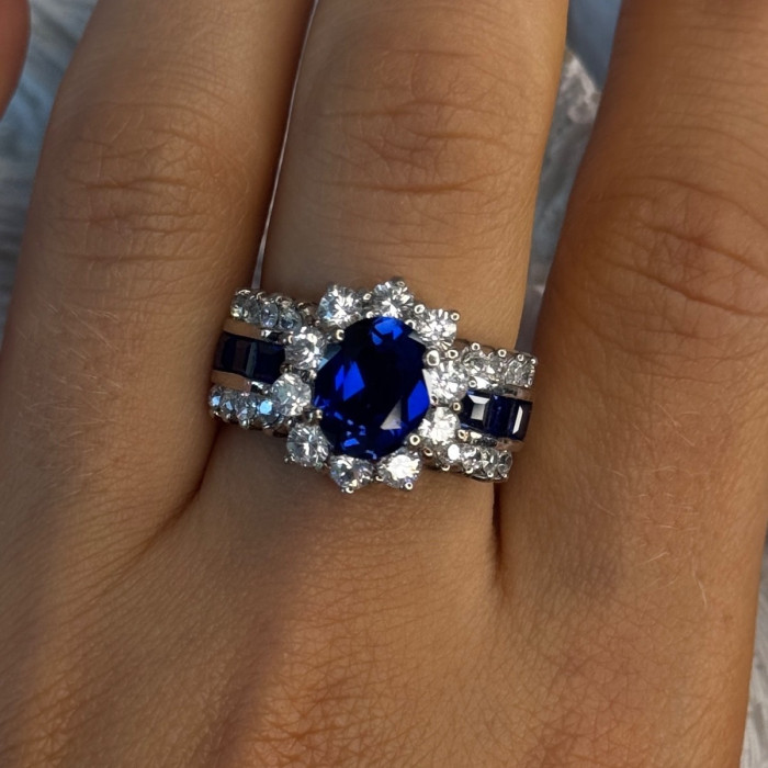 925 Sterling Silver Sapphire & Beryl Flower Ring Size 7.5