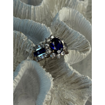 925 Sterling Silver Sapphire & Beryl Flower Ring Size 7.5