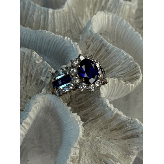 925 Sterling Silver Sapphire & Beryl Flower Ring Size 7.5