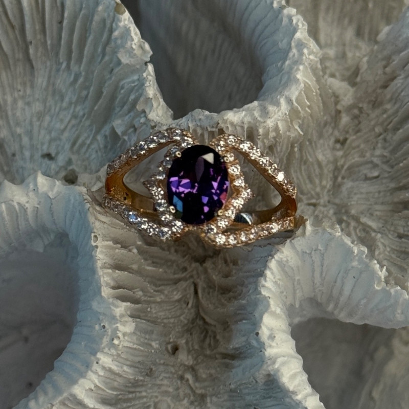 Rose Gold Plated 925 Sterling Silver Amethyst & Cz Ring Size 6