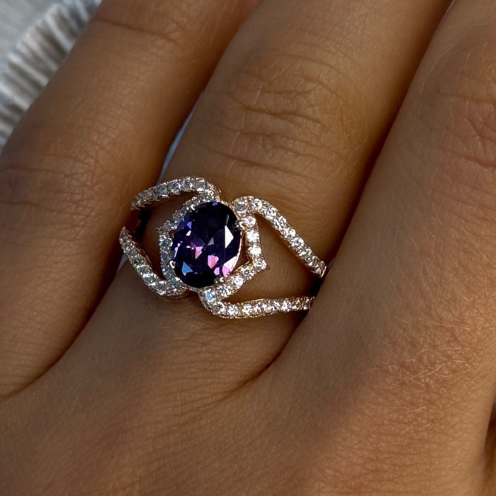 Rose Gold Plated 925 Sterling Silver Amethyst & Cz Ring Size 6