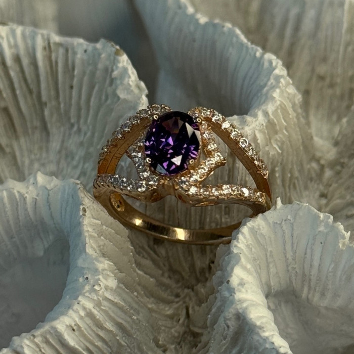 Rose Gold Plated 925 Sterling Silver Amethyst & Cz Ring Size 6