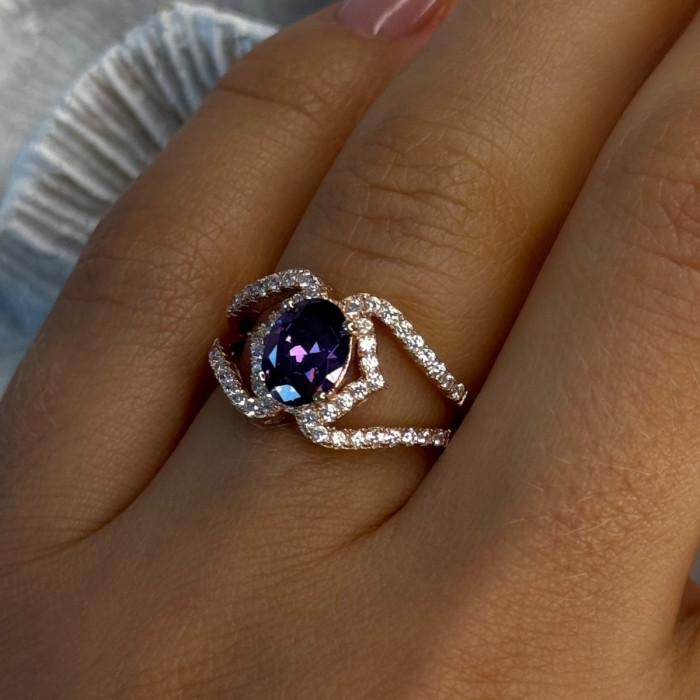 Rose Gold Plated 925 Sterling Silver Amethyst & Cz Ring Size 6