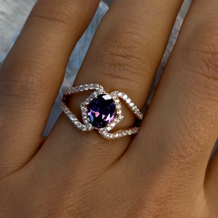 Rose Gold Plated 925 Sterling Silver Amethyst & Cz Ring Size 6