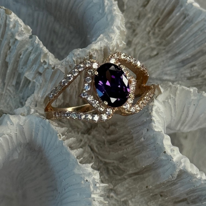 Rose Gold Plated 925 Sterling Silver Amethyst & Cz Ring Size 6