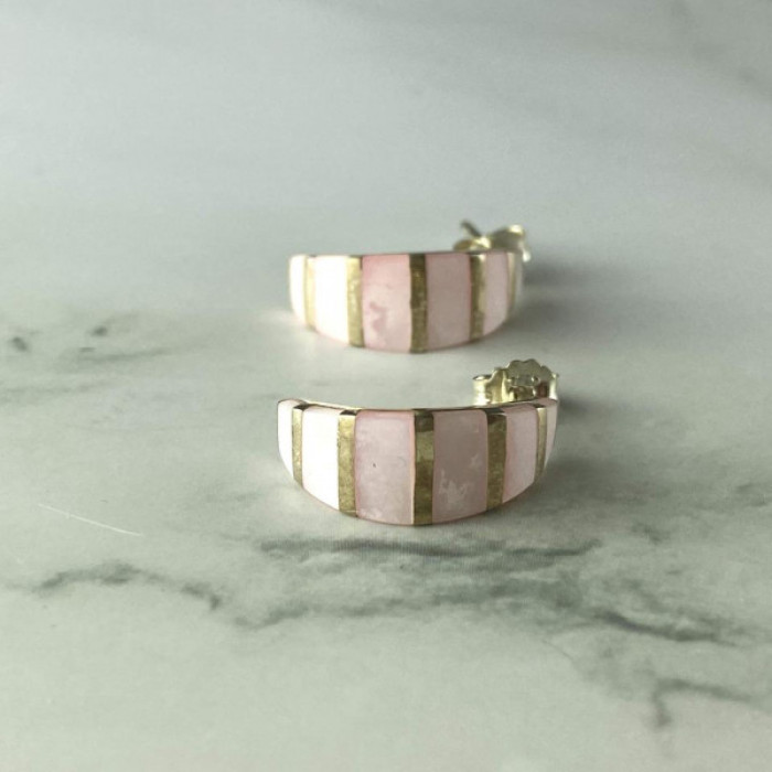 925 Sterling Silver Gold Plated Pink Mother Of Pearl Stud Earrings