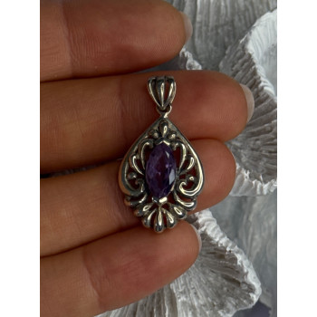 Classy 925 Sterling Silver Amethyst Pendant Length 1.20 Inch