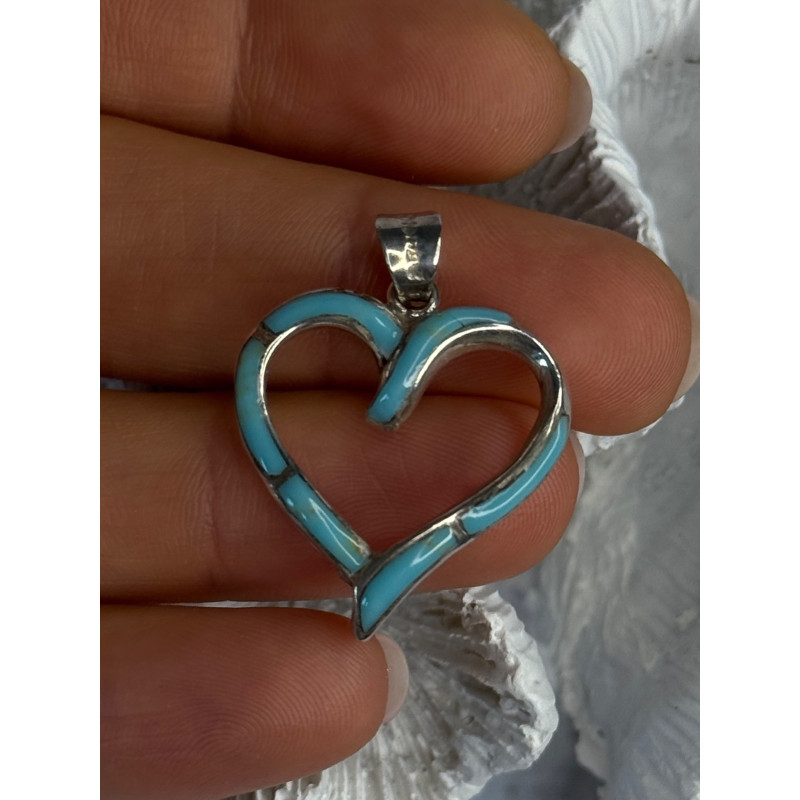 925 Sterling Silver Turquoise Heart Pendant Length 1.20 Inch