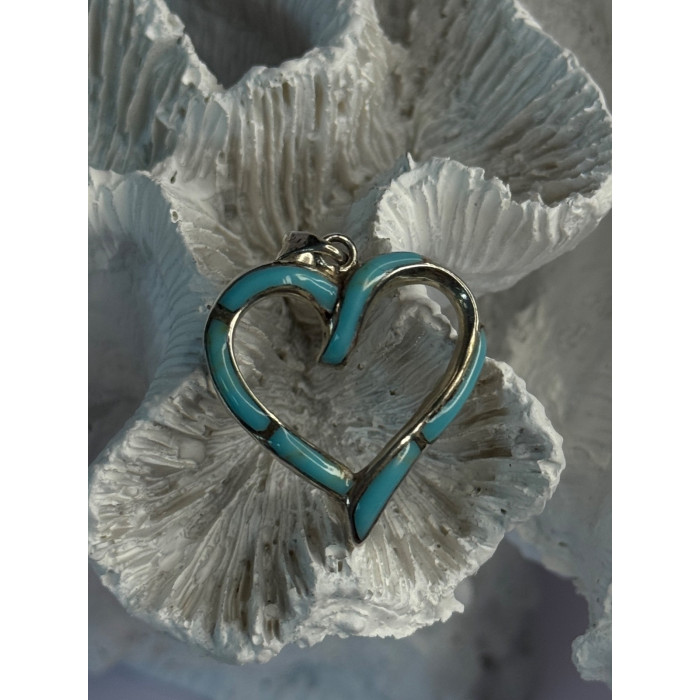 925 Sterling Silver Turquoise Heart Pendant Length 1.20 Inch