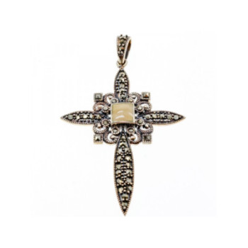 925 STERLING SILVER AGATE & MARCASITE CROSS PENDANT