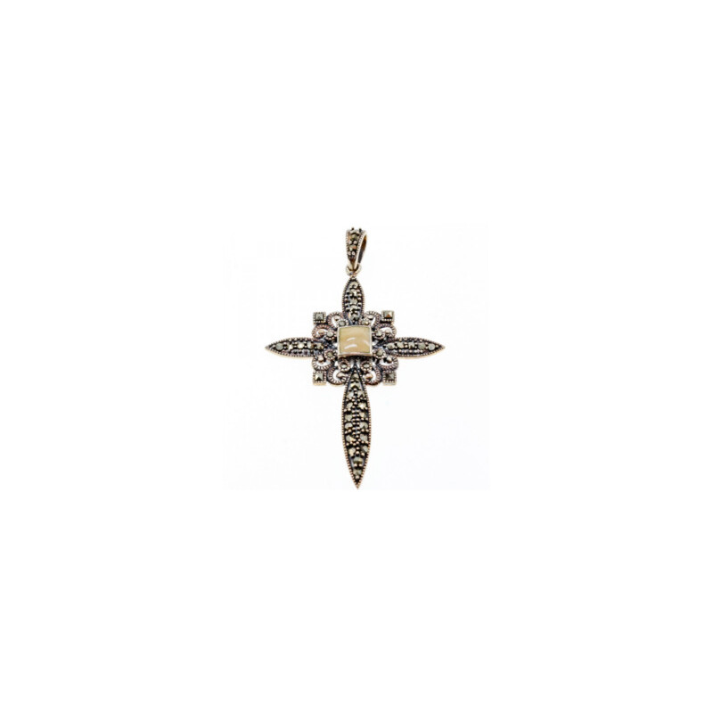 925 STERLING SILVER AGATE & MARCASITE CROSS PENDANT