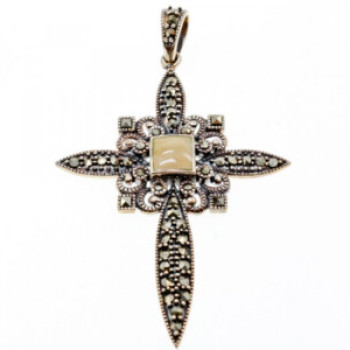 925 Sterling Silver Agate & Marcasite Cross Pendant