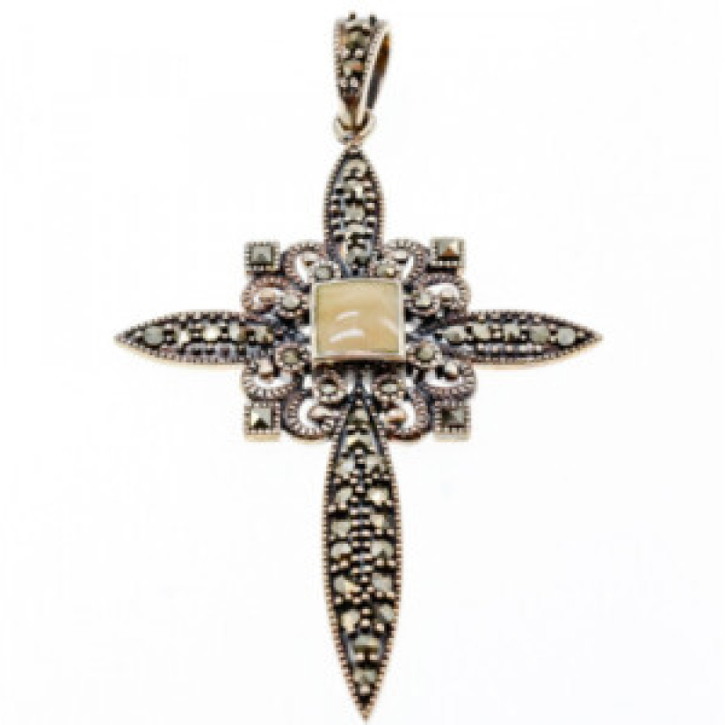 925 Sterling Silver Agate & Marcasite Cross Pendant