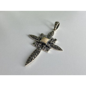 925 STERLING SILVER AGATE & MARCASITE CROSS PENDANT