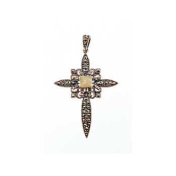 925 STERLING SILVER AGATE & MARCASITE CROSS PENDANT