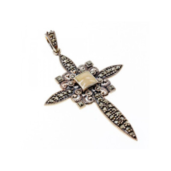 925 STERLING SILVER AGATE & MARCASITE CROSS PENDANT