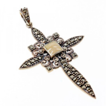 925 Sterling Silver Agate & Marcasite Cross Pendant
