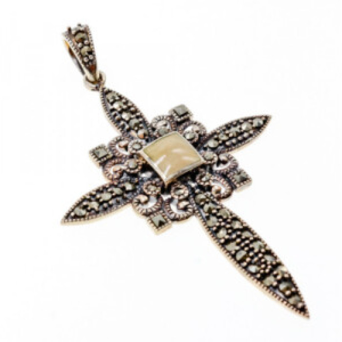 925 Sterling Silver Agate & Marcasite Cross Pendant