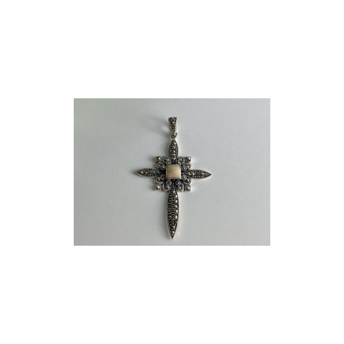 925 STERLING SILVER AGATE & MARCASITE CROSS PENDANT