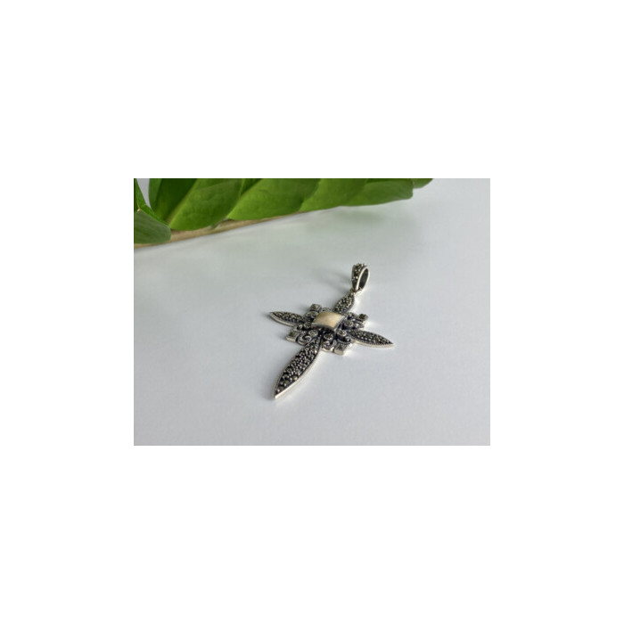 925 STERLING SILVER AGATE & MARCASITE CROSS PENDANT