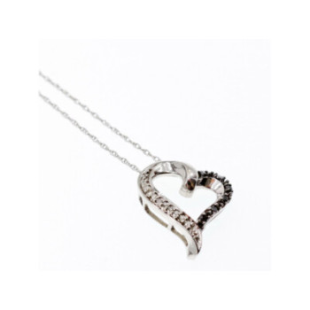 10K WHITE GOLD BLACK & WHITE DIAMONDS HEART CHAIN WITH PENDANT