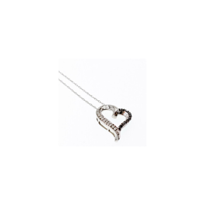 10K WHITE GOLD BLACK & WHITE DIAMONDS HEART CHAIN WITH PENDANT
