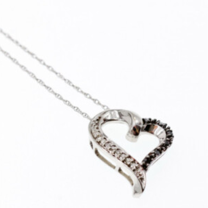 10K White Gold Black & White Diamonds Heart Chain With Pendant