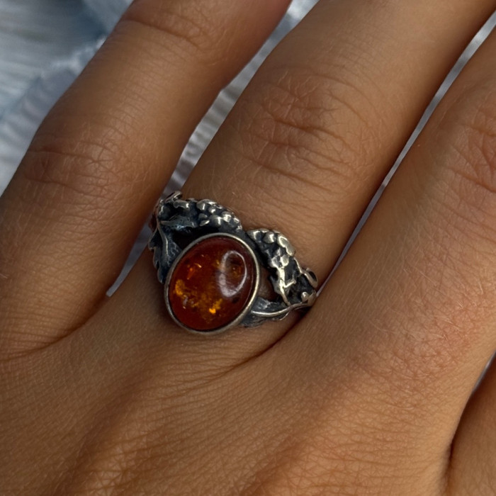 Vintage 925 Sterling Silver Amber Ring Size 8