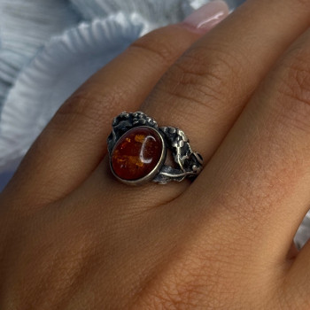 Vintage 925 Sterling Silver Amber Ring Size 8