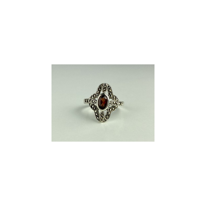 925 Sterling Silver Almandine & Marcasites Ring Size 7