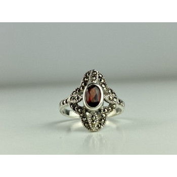 925 Sterling Silver Almandine & Marcasites Ring Size 7