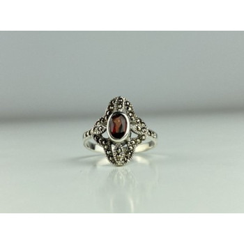 925 Sterling Silver Almandine & Marcasites Ring Size 7