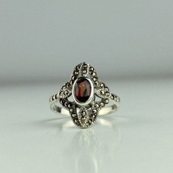 925 Sterling Silver Almandine & Marcasites Ring Size 7
