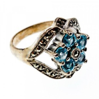 925 Sterling Silver Blue Topaz & Marcasites Ring Size 8