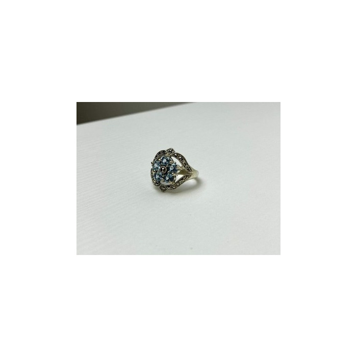 925 Sterling Silver Blue Topaz & Marcasites Ring Size 8
