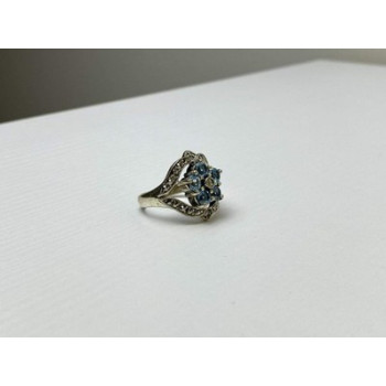 925 Sterling Silver Blue Topaz & Marcasites Ring Size 8