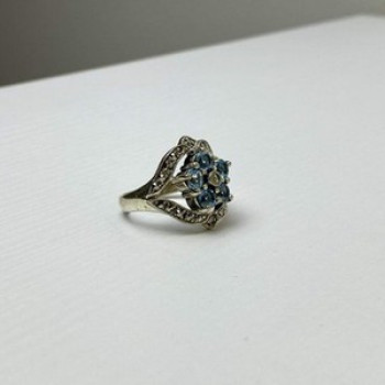 925 Sterling Silver Blue Topaz & Marcasites Ring Size 8