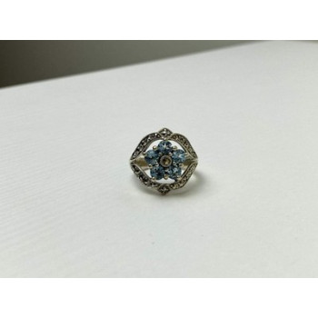 925 Sterling Silver Blue Topaz & Marcasites Ring Size 8