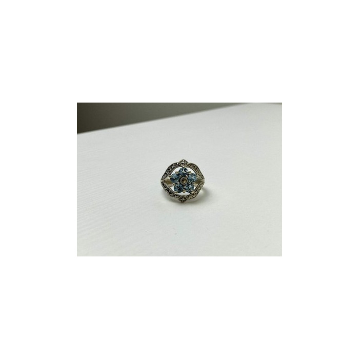 925 Sterling Silver Blue Topaz & Marcasites Ring Size 8