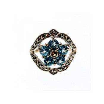 925 Sterling Silver Blue Topaz & Marcasites Ring Size 8
