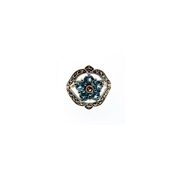 925 Sterling Silver Blue Topaz & Marcasites Ring Size 8