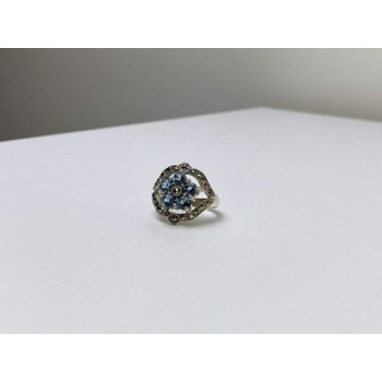 925 Sterling Silver Blue Topaz & Marcasites Ring Size 8