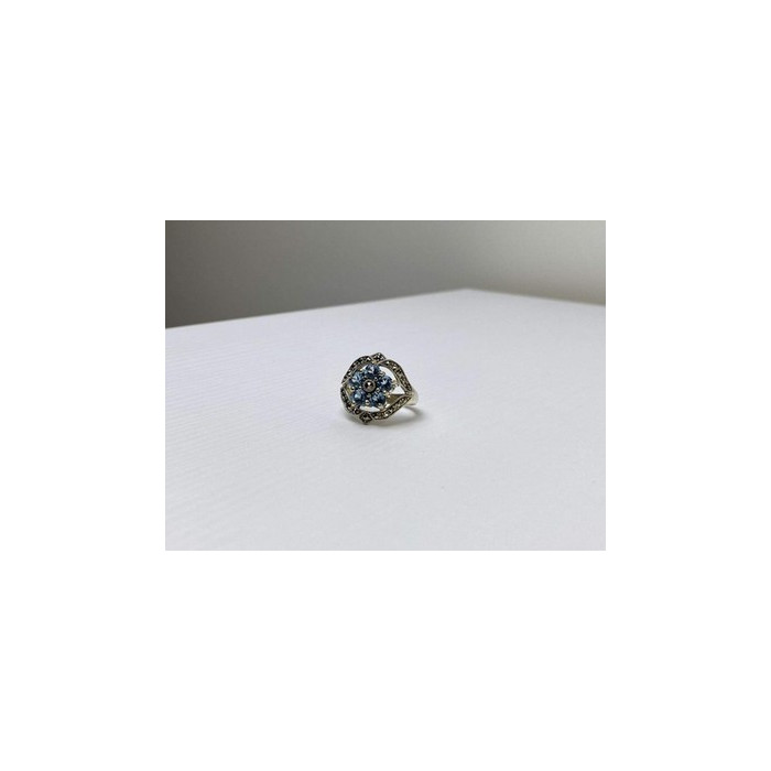 925 Sterling Silver Blue Topaz & Marcasites Ring Size 8