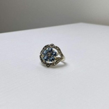 925 Sterling Silver Blue Topaz & Marcasites Ring Size 8