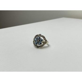 925 Sterling Silver Blue Topaz & Marcasites Ring Size 8
