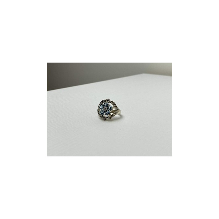 925 Sterling Silver Blue Topaz & Marcasites Ring Size 8