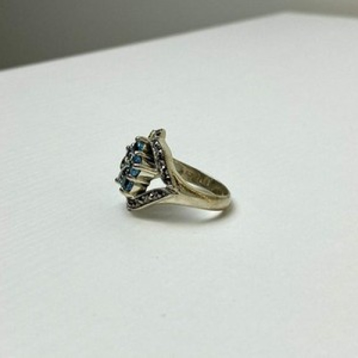 925 Sterling Silver Blue Topaz & Marcasites Ring Size 8