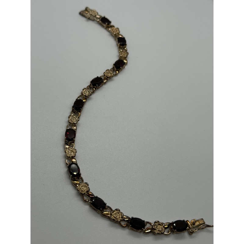 925 STERLING SILVER GARNET FLOWERS  BRACELET
