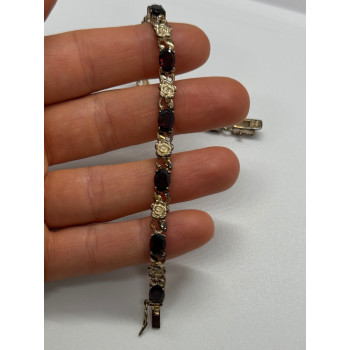 925 STERLING SILVER GARNET FLOWERS  BRACELET