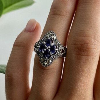 Vintage 925 Sterling Silver Amethyst & Marcasites Ring Size 5.5
